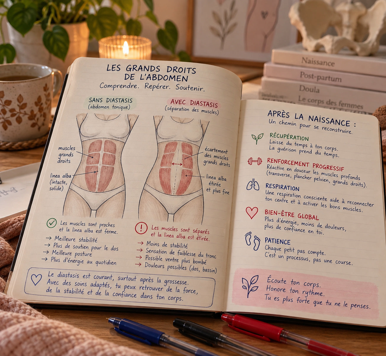 Schéma du diastasis : l'écartement des abdominaux après la grossesse